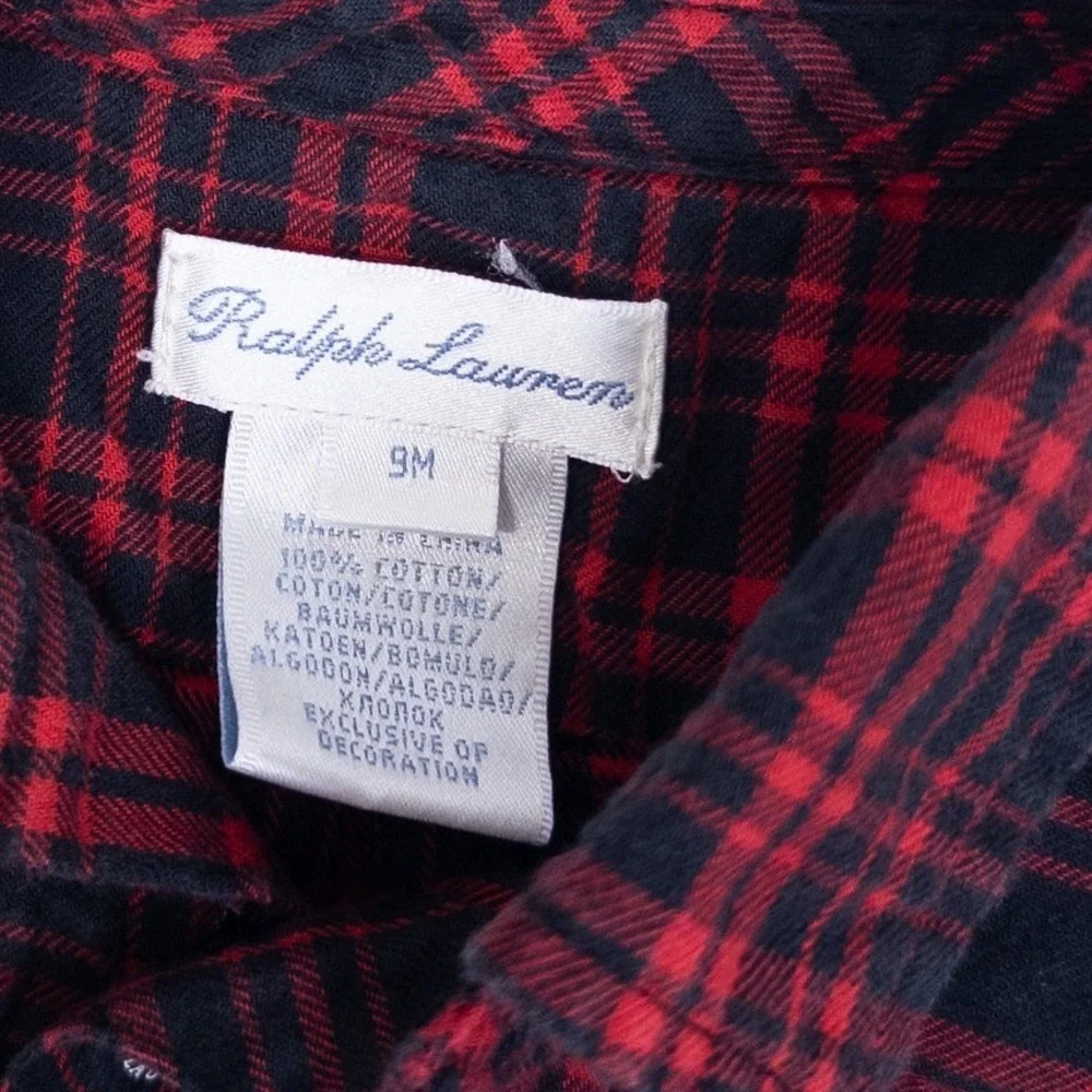 Ralph Lauren Button Down‎ Shirt Kids 9M Red Black Plaid Flannel Long Sleeve